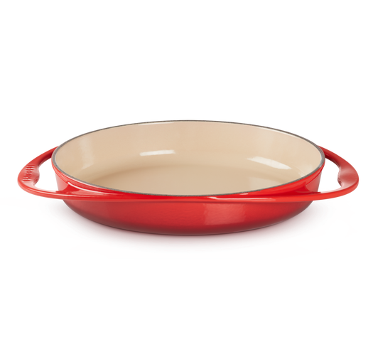 PLAT en FONTE ÉMAILLÉE LE CREUSET numéro 28 BLANC, OVALE à oreilles