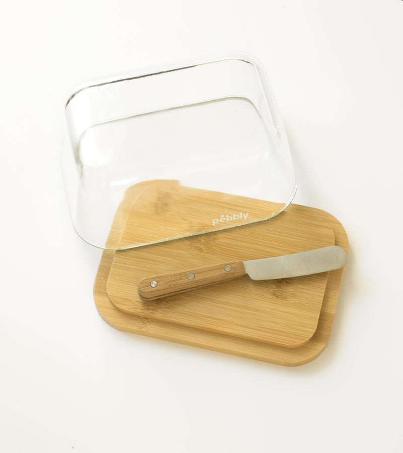 Beurrier en verre et bambou avec couteau tartineur | PEBBLY