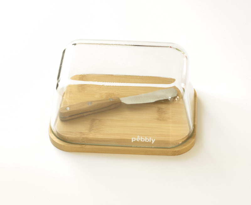 Beurrier en verre et bambou naturel avec couteau tartineur | PEBBLY