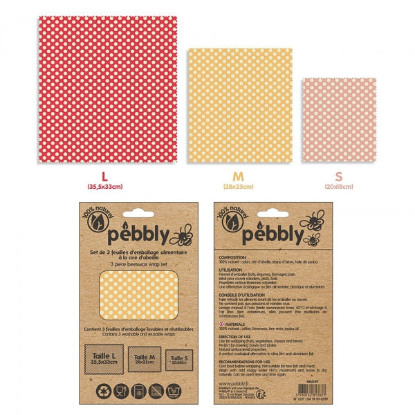 Set 3 feuilles d'emballage alimentaire cire d'abeille | PEBBLY