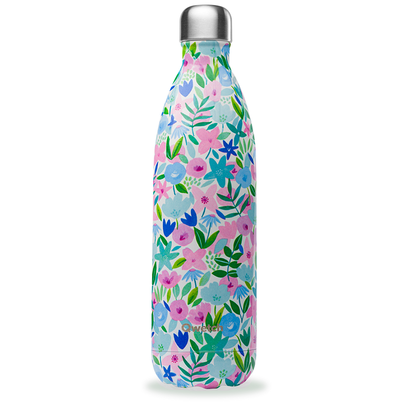 Bouteille isotherme et étanche 1L Flora avec motifs fleurs bleues