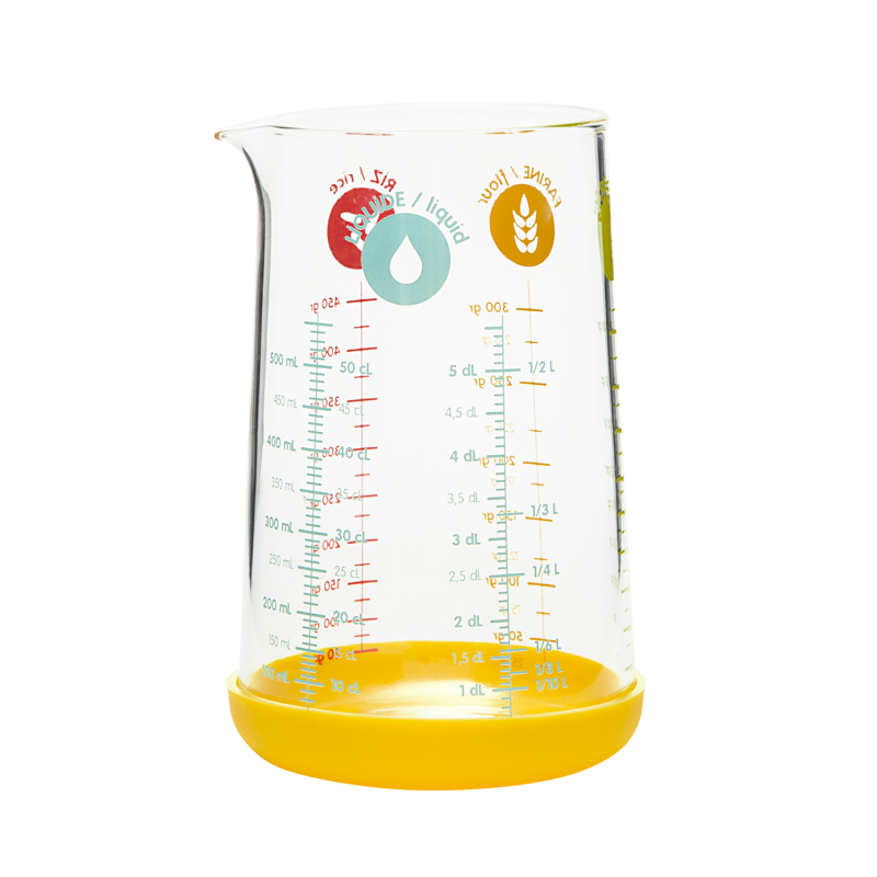Verre doseur en verre 500 ml avec base anti dérapante en silicone jaune PEBBLY